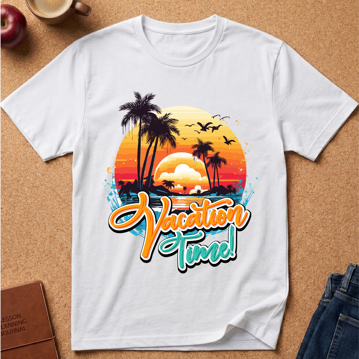 White graphic t-shirt that says "VACATION TIME" With a beach and palm trees sunset.  