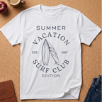 A white short-sleeve T-shirt laid flat on a cork surface, featuring a navy graphic that reads “SUMMER VACATION SURF CLUB EST. 1987 EDITION” with two surfboards in the center.