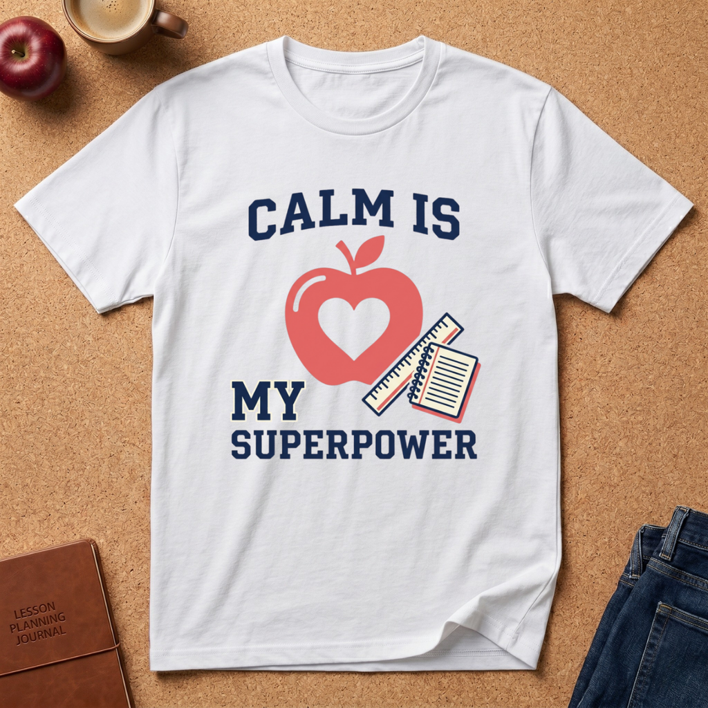 White t-shirt with 'Calm is my superpower' design on a brown surface with an apple and notebook.