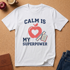 White t-shirt with 'Calm is my superpower' design on a brown surface with an apple and notebook.
