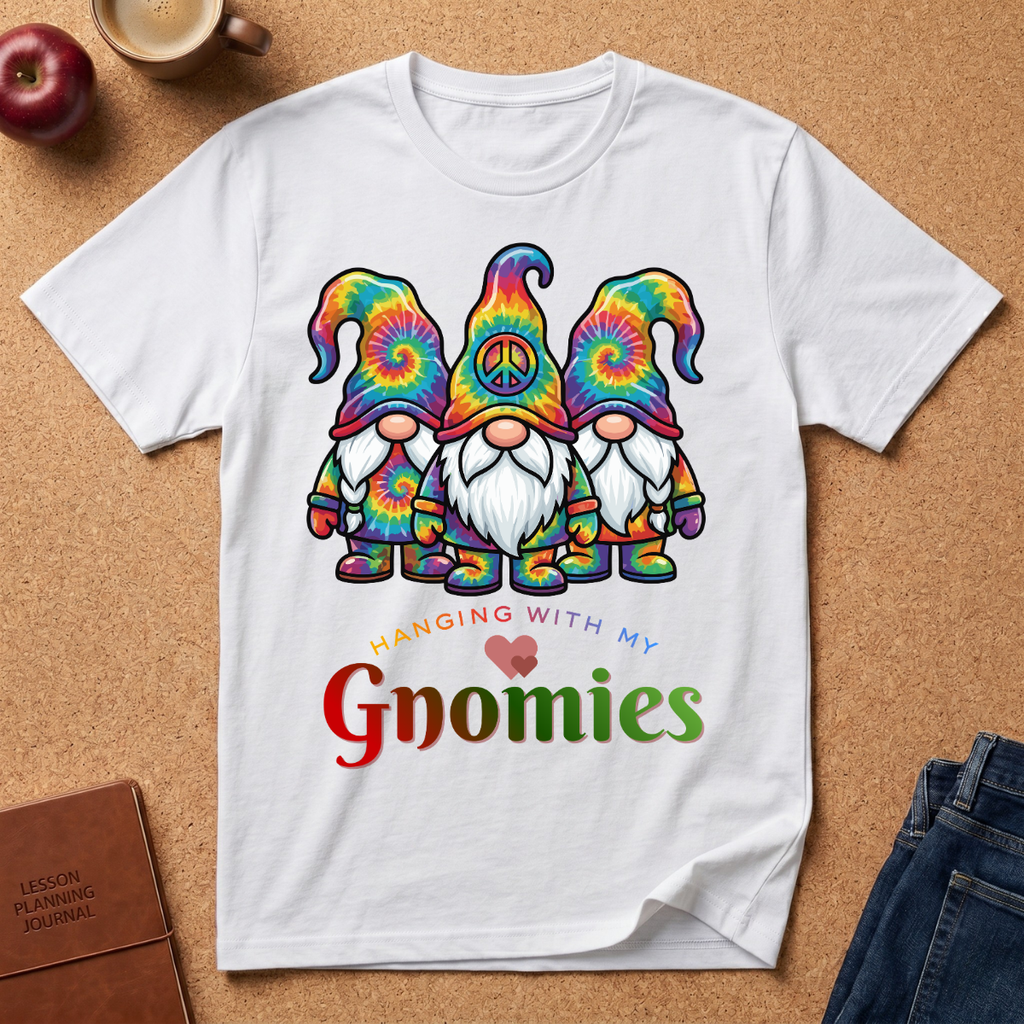 White t-shirt says Haning with my Gnomies with 3 cartoon style cute gnome characters wearing tye dyed clothes and hats.  
