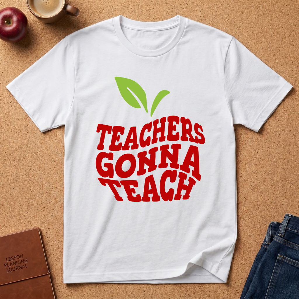 A white short-sleeve graphic T-shirt laid flat on a cork surface, featuring a green apple-leaf graphic above the red text 'TEACHERS GONNA TEACH.' Surrounding props include an apple, a coffee cup, a journal, and jeans.