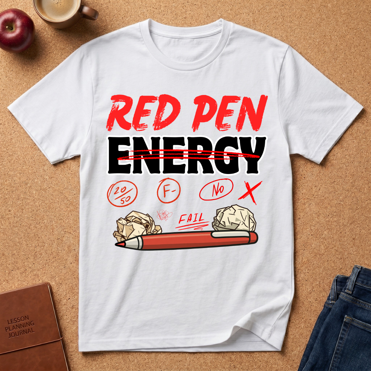 White graphic t-shirt with 'Red Pen Energy' with '20/50, F minus, No, Fail and X" scattered with a red pen and crumpled paper graphic design on a brown surface with an apple, coffee, and jeans.