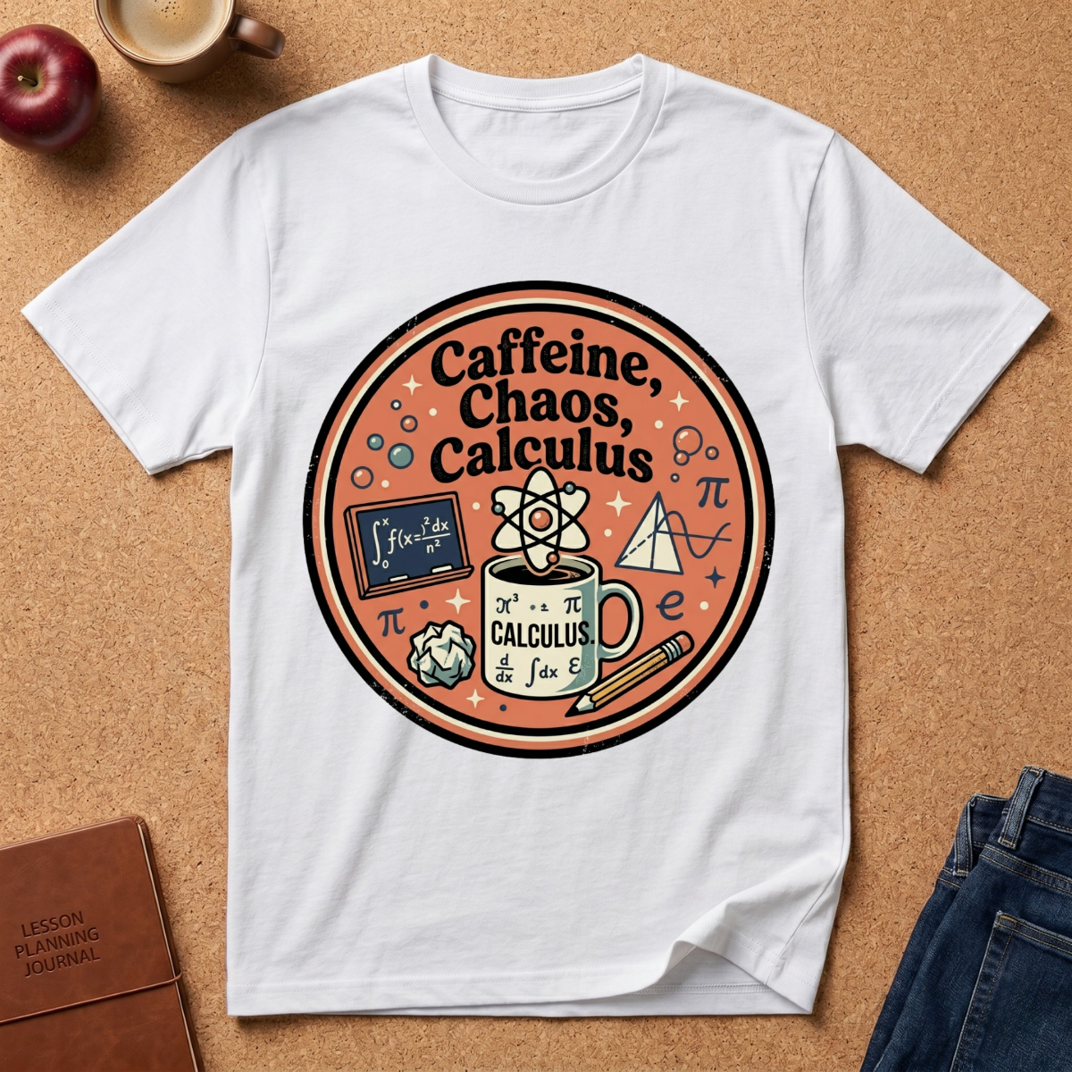 White t-shirt with 'Caffeine, Chaos, Calculus' design on a brown surface with a coffee cup and apple.