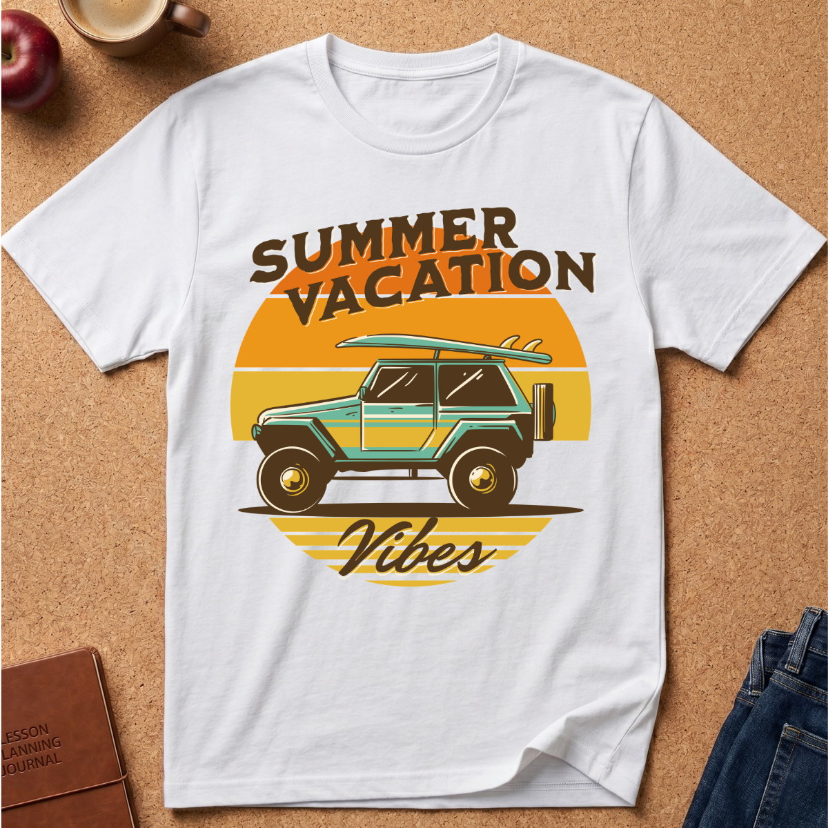 A white short-sleeve crewneck t-shirt laid flat on a cork background, featuring a retro graphic of a green jeep with a surfboard on its roof, surrounded by a yellow-orange sun and the words 'SUMMER VACATION' and 'Vibes'.