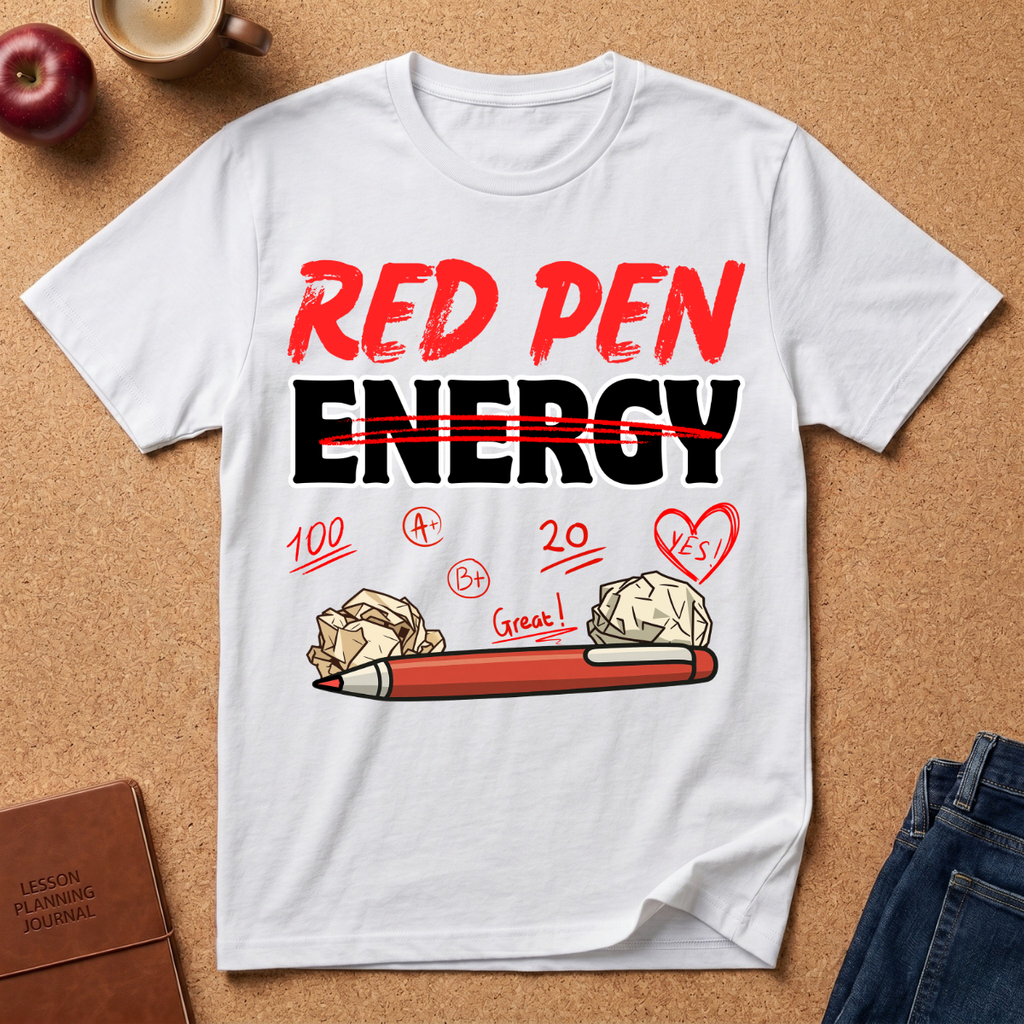 White t-shirt with 'Red Pen Energy' and positive marks graphic on a brown surface with an apple, coffee, and jeans.