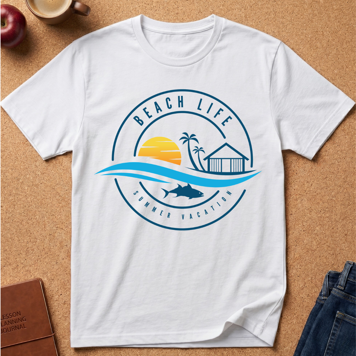A white short-sleeve crewneck t-shirt laid flat on a cork board background, featuring a blue and yellow circular graphic that reads 'BEACH LIFE SUMMER VACATION' with a sunset, palm tree, beach house, waves, and fish.