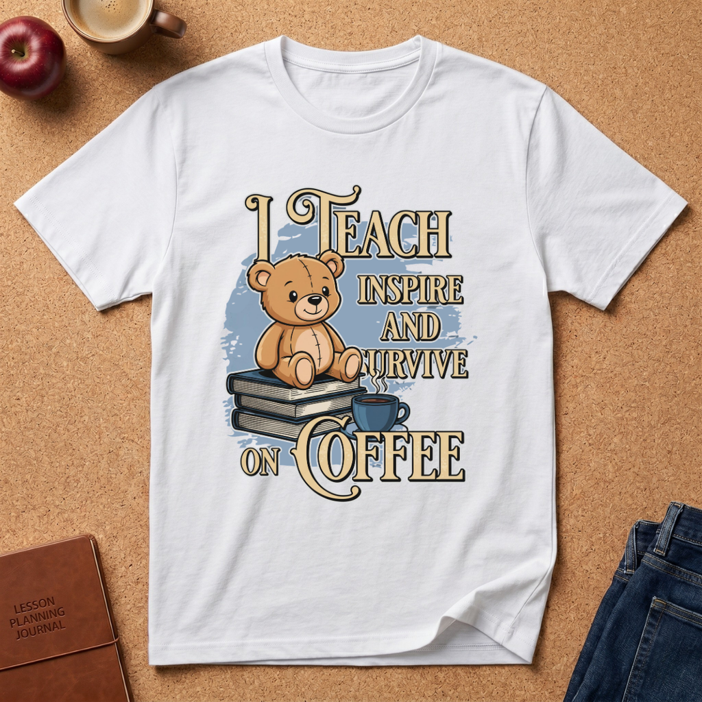 A white short-sleeve graphic T-shirt laid flat on a cork background, featuring a teddy bear sitting on books with the text 'I TEACH INSPIRE AND SURVIVE ON COFFEE.' Decorative props including an apple, a coffee cup, a journal, and jeans are partially visible around the shirt.